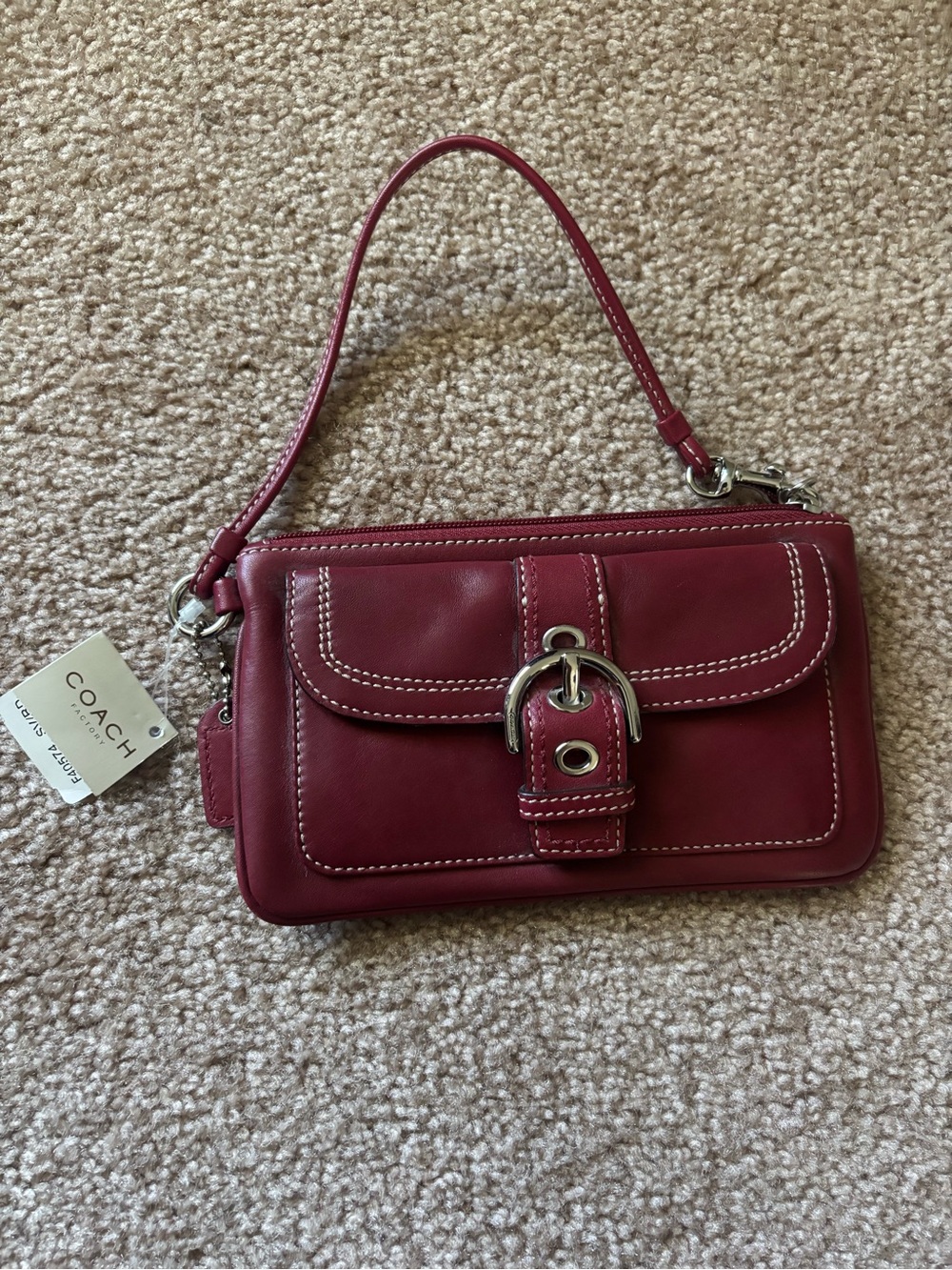 Coach Wine Red Leather Wristlet with Front Buckle Pocket
